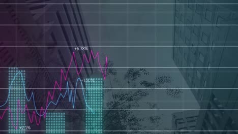 animación del procesamiento de datos estadísticos a través de la red de red contra vista de ángulo bajo de edificios altos
