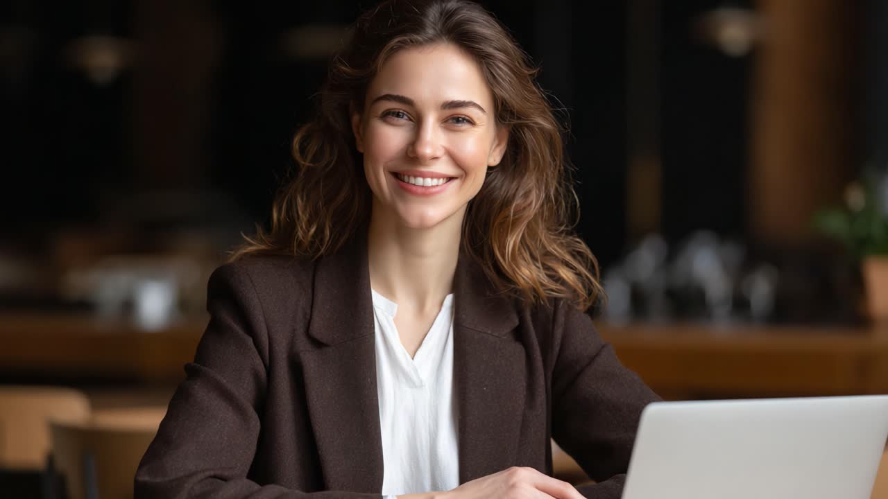 Una giovane donna sicura di sé sorride al suo laptop in un bar accogliente, trasmettendo positività e professionalità mentre lavora da remoto