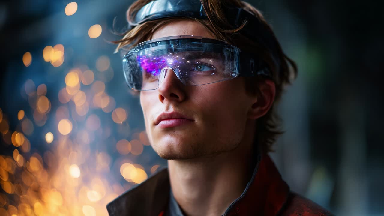 A skilled craftsman focused on his work, wearing protective eyewear while surrounded by a flurry of sparks, embodying dedication and precision in a dynamic environment filled with vibrant energy