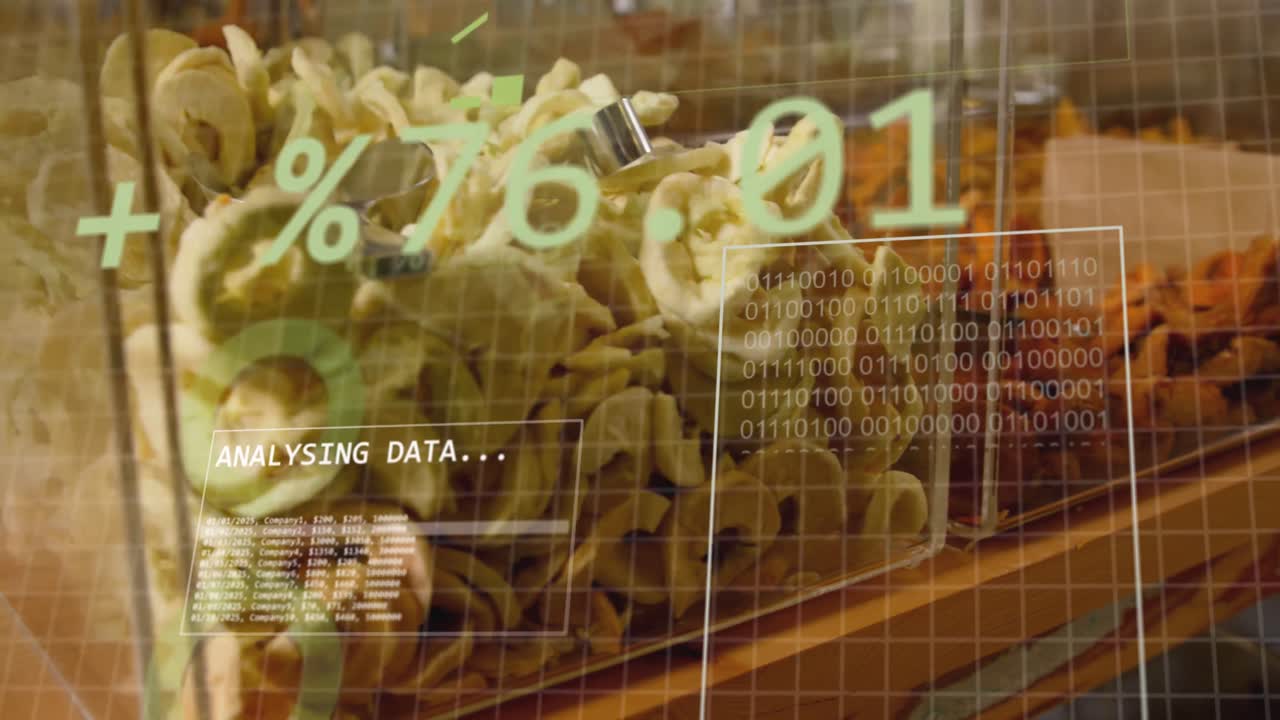 식품 가게에서 바구니에 있는 과일에 대한 통계 및 데이터 처리의 애니메이션