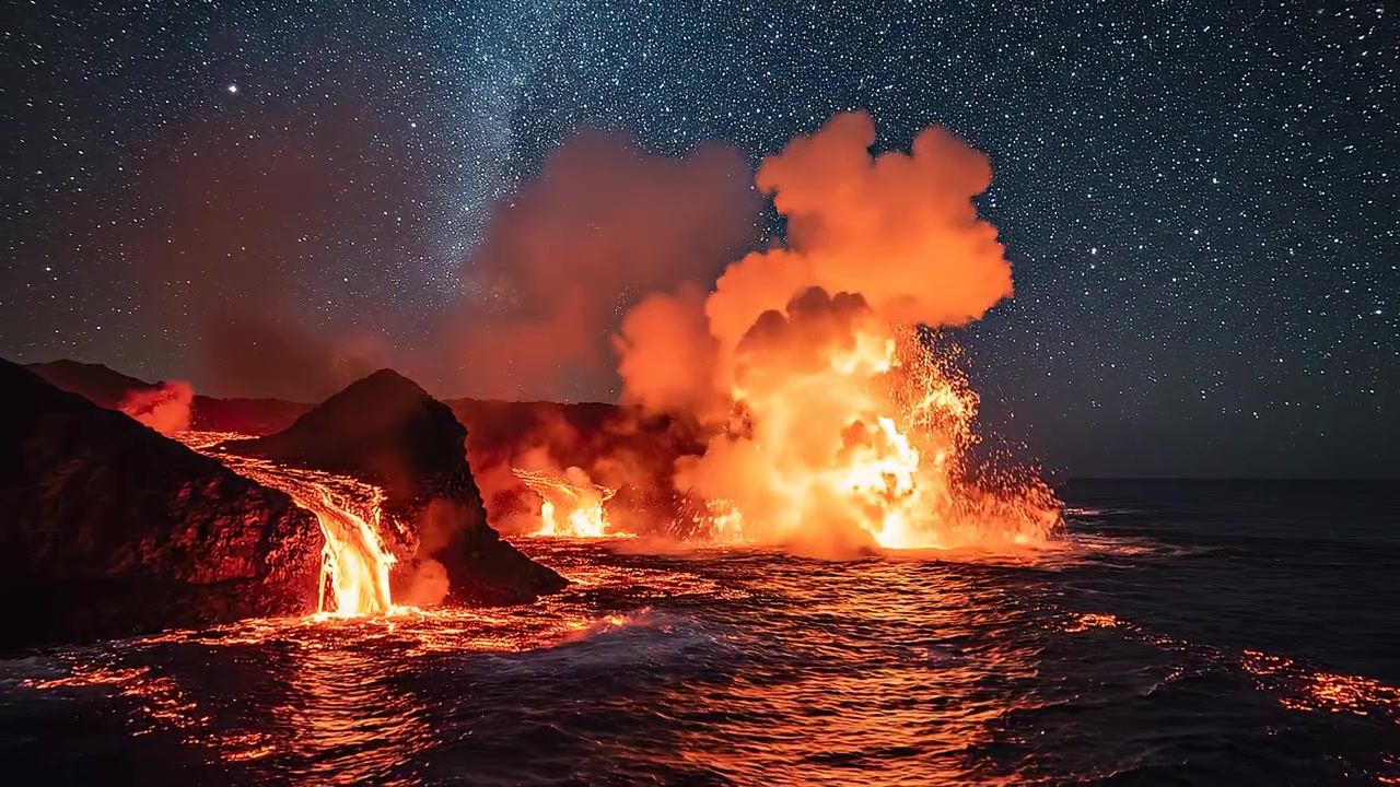 Molten lava flows into the ocean under starry night sky