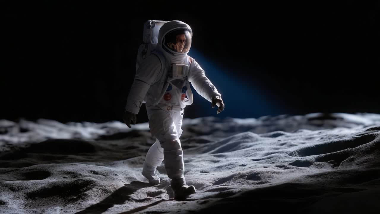 Astronaut Exploring Lunar Surface in Dramatic Lighting: A Close Look at the Thrilling Adventure on the Moon Captured in Stunning Visuals