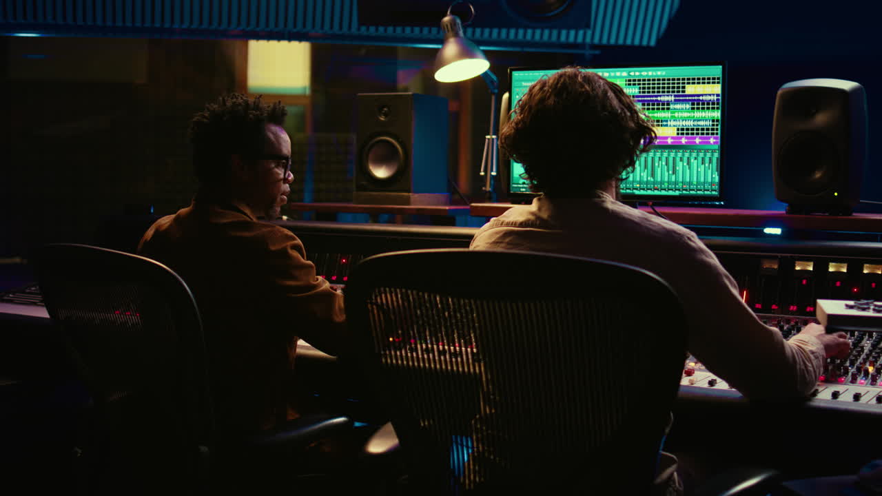 Diverse team collaborating on creating a new hit song in control room