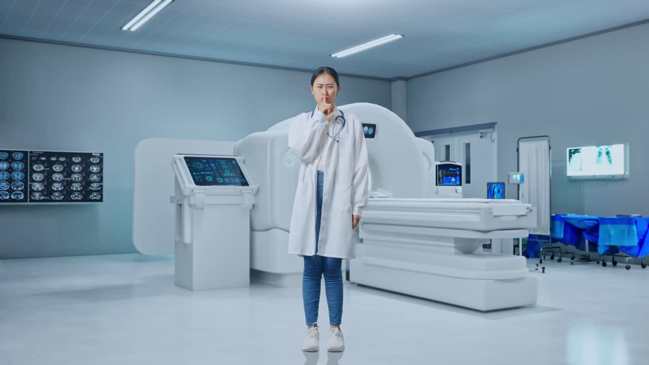 Full Body Of Asian Woman Doctor With Stethoscope Showing Silence Gesture While Standing With Mri Machine In The Hospital