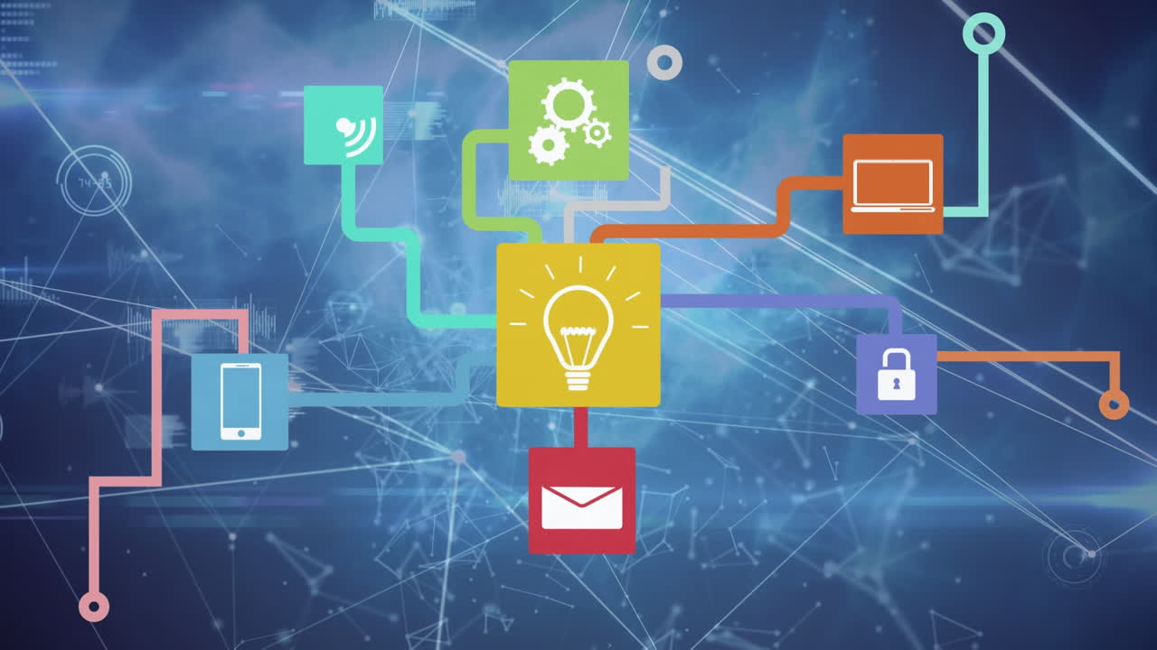 파란색 배경에 아이콘으로 연결 네트워크의 애니메이션