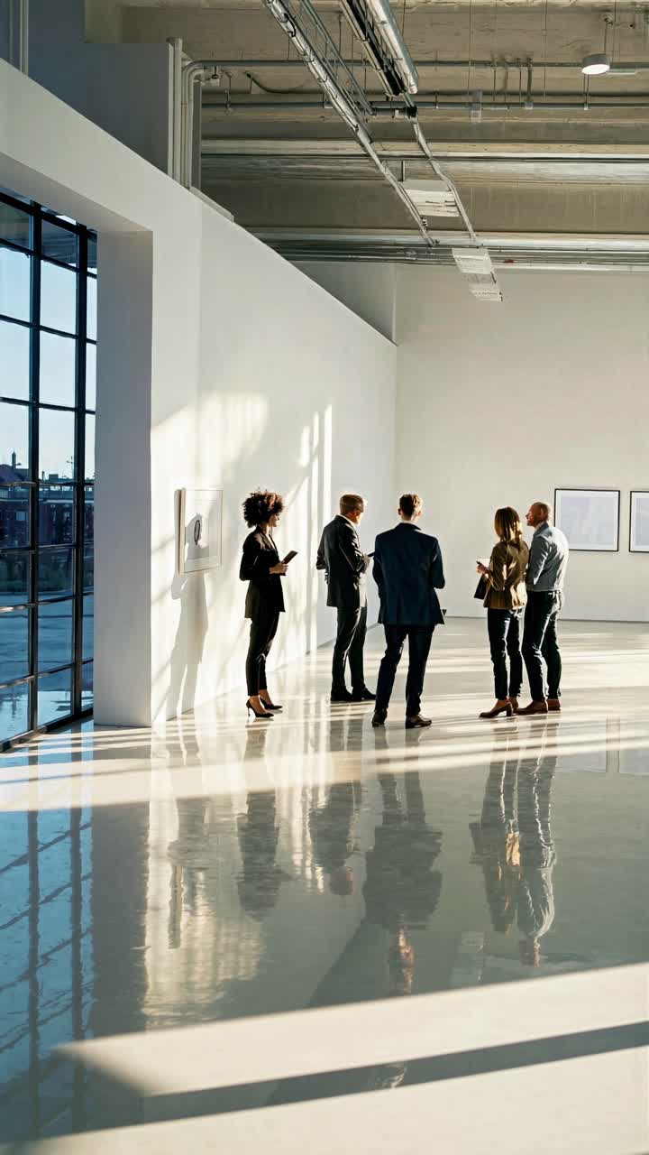Group of professionals in a modern, sunlit gallery, shot from a low angle