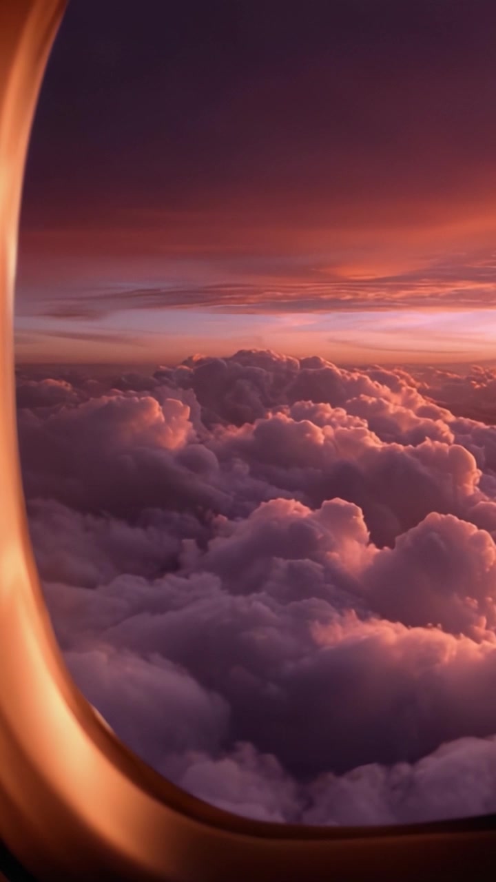 A Breathtaking View Through an Airplane Window Capturing Vibrant Sunset Colors and Soft Clouds Enveloping the Sky in a Dazzling Display of Nature's Beauty.