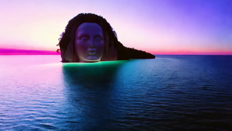 mysterious face sculpture emerging from the ocean at sunset