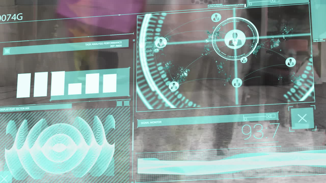 Animation of scopes and data processing over people walking