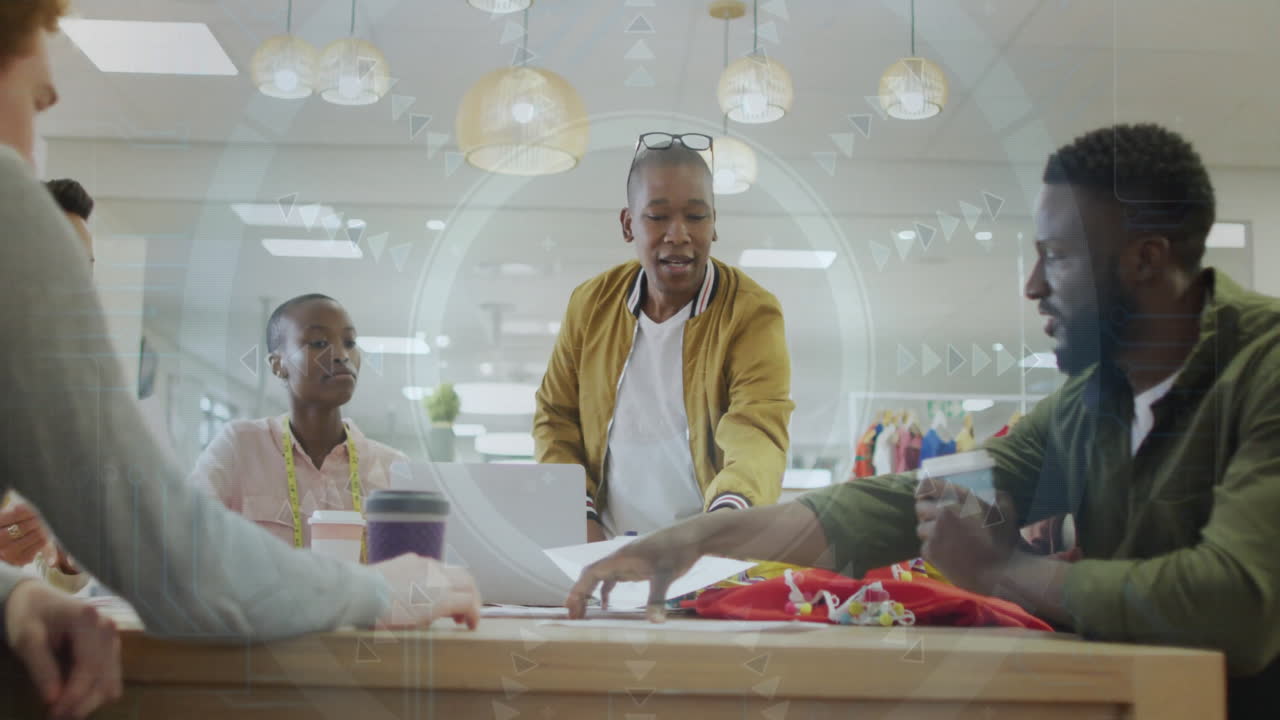 Collaborating in office, business team analyzing futuristic data processing animation