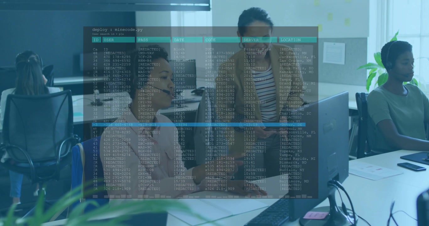 Standing lead coming, starting business chat, seated headset typing as log overlay showing blue row
