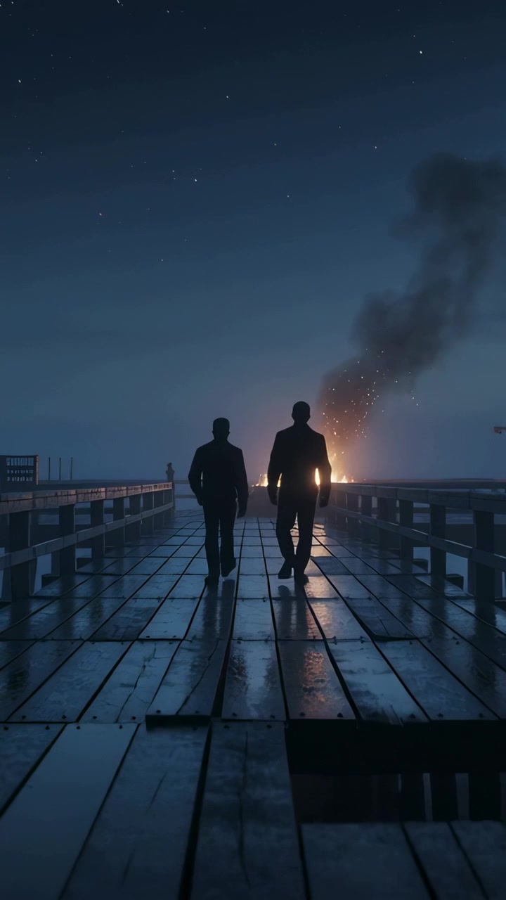 Vertical video: Walking two men in coats drawn toward fire on wet wooden pier with rising smoke