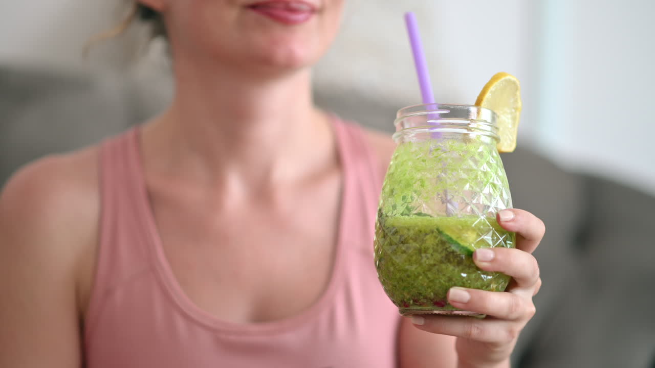 Close up of a woman drinking a green juice while sitting on a couch
