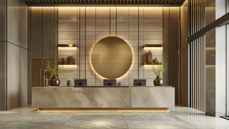 warm lighting illuminates a modern, minimalist hotel reception area featuring a large circular decoration, marble counter, and sleek design elements