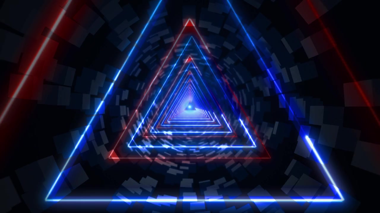 Neon triangle tunnel background blue red glowing outlines dark geometric walls and deep perspective