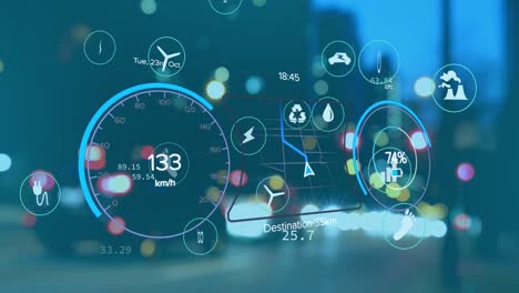 Animation-of-electric-car-speedometer-data-processing-over-city