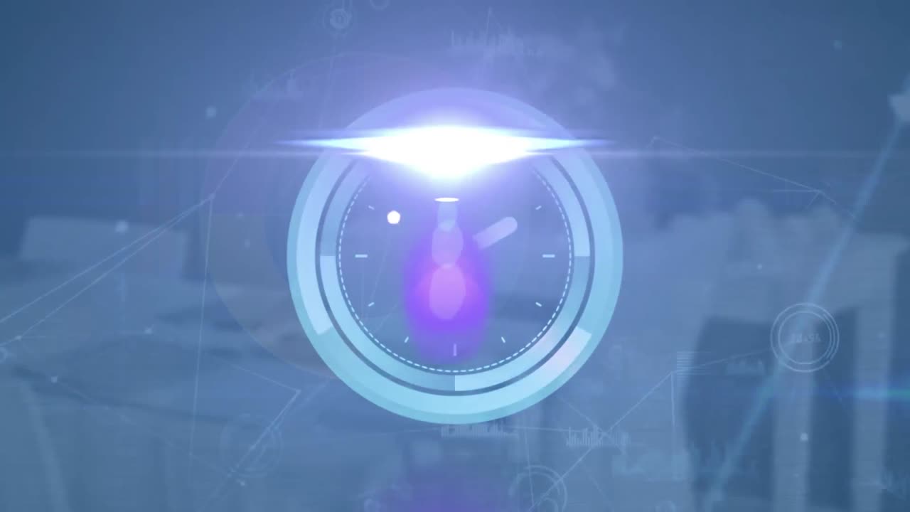 움직이는 시계의 애니메이션과 빈 사무실에서 데이터 처리를 하는 연결 네트워크