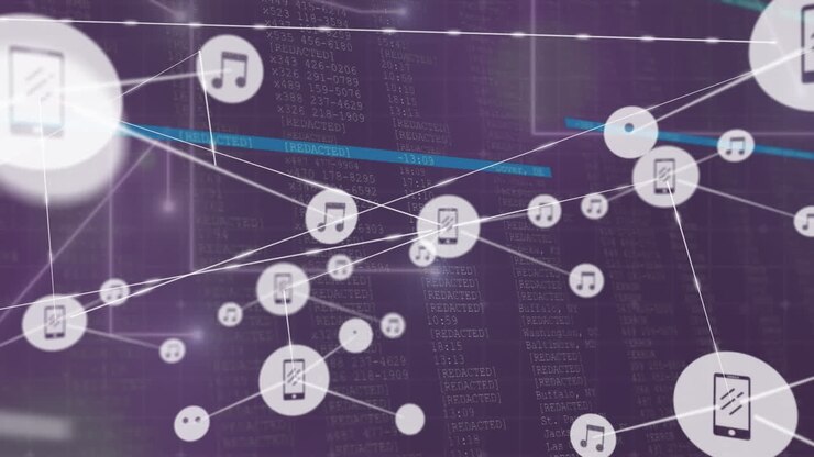Animation of network of digital icons, connections dots, data processing against purple background