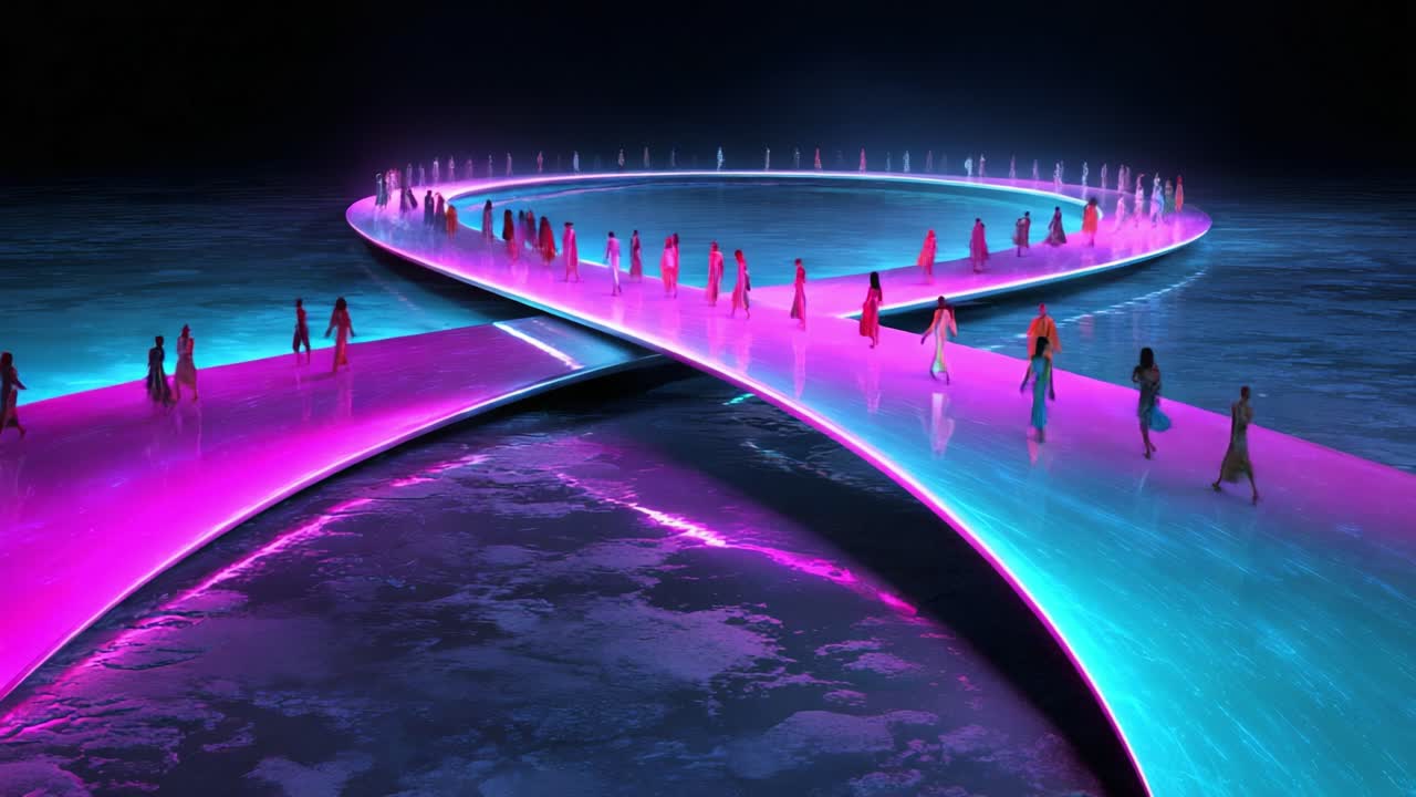 People walking on a pink and blue walkway in the water