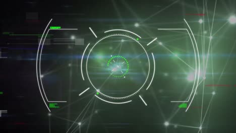 Animation-of-hud-with-network-connecting-dots,-light-beams-on-digital-interface