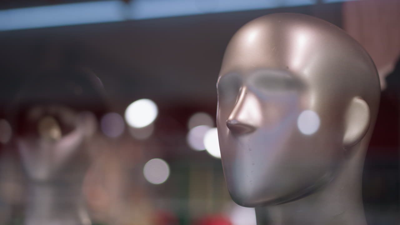 매끄럽고 금속적인 마무리를 가진 은색 인형 머리의 클로즈업 뷰, 반사 표면과 윤을 강조하고, 인형은 흐릿한 배경에 설정되어 있습니다.