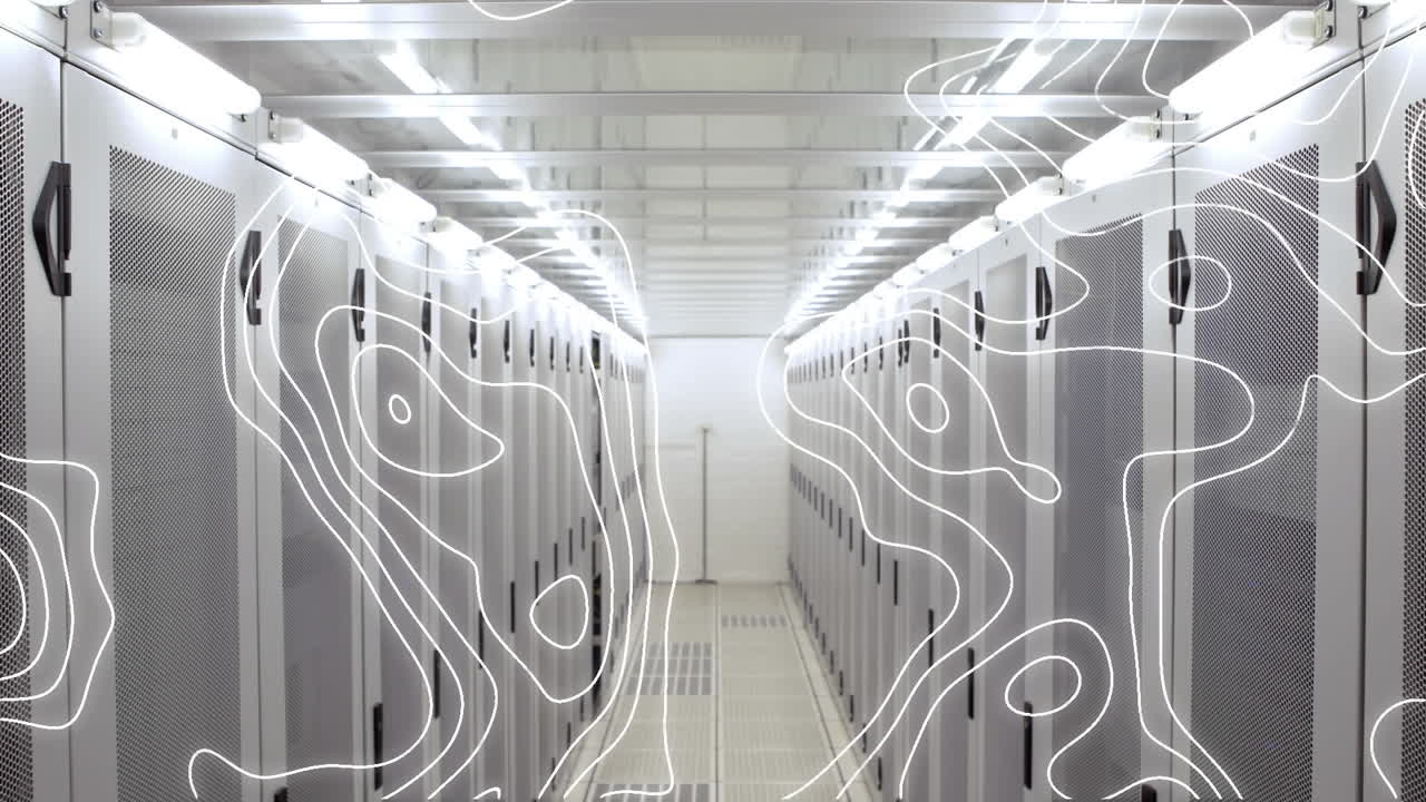 Animation of white lines and data processing over computer servers