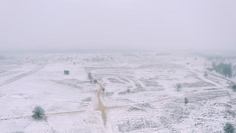 panorama of countryside terrain covered with snow during snowy winter