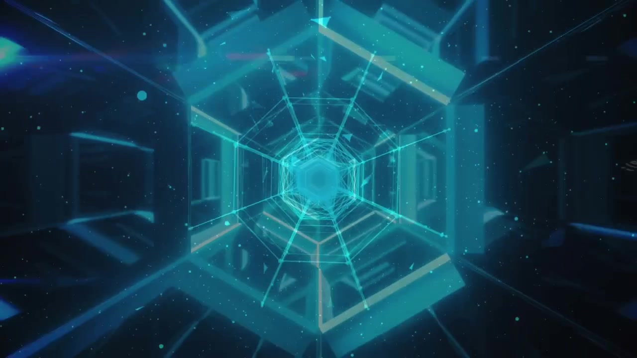 Animation of network of connections with globe over glowing blue neon tunnel