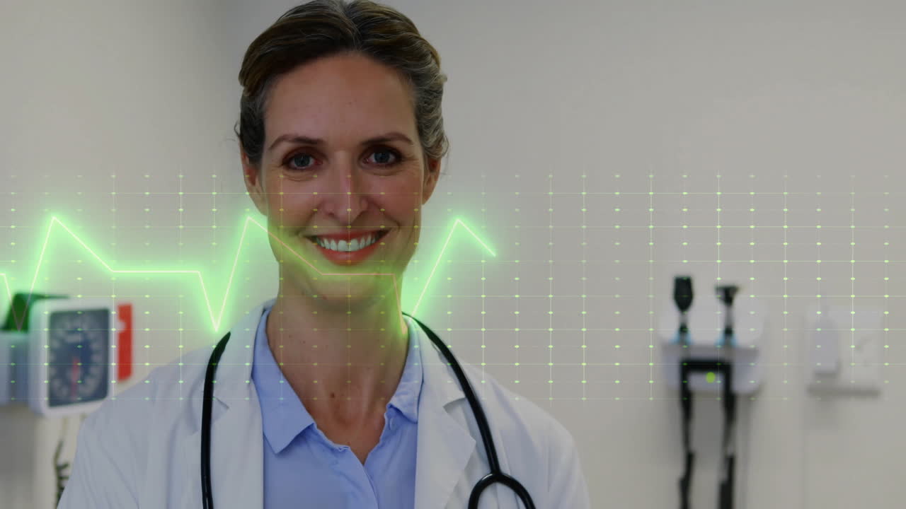 Animation of cardiograph over caucasian female doctor smiling in hospital