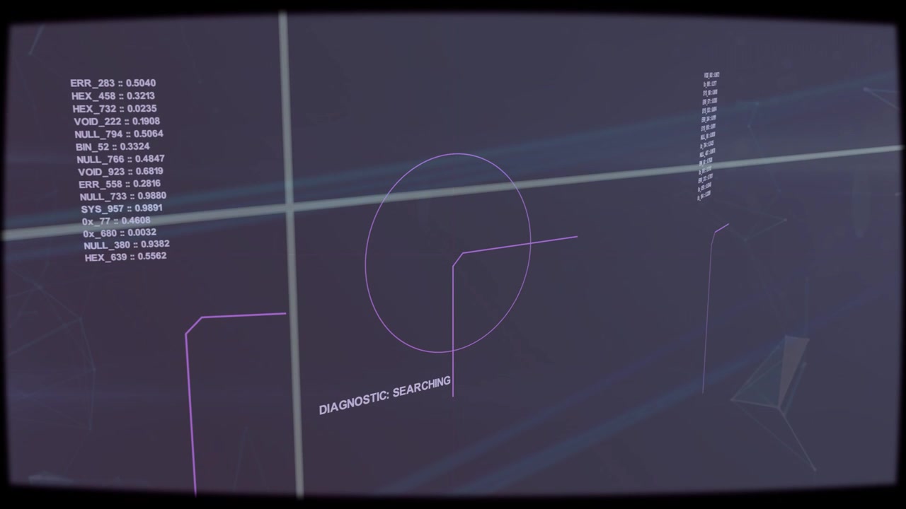 Diag HUD starting search, ring rotating while grid drifting and readouts updating, indicating scan