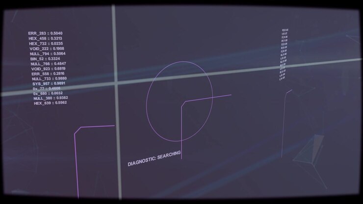 Diag HUD starting search, ring rotating while grid drifting and readouts updating, indicating scan