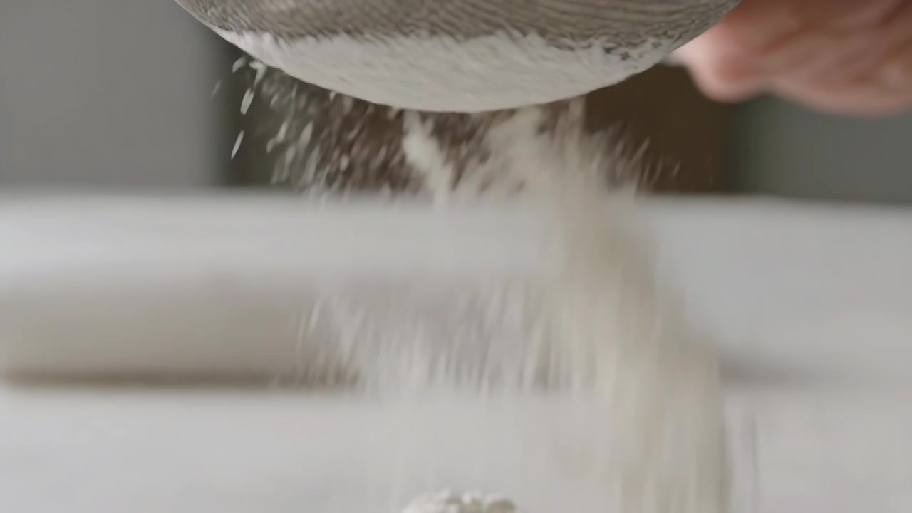 Tangan telanjang mengetuk, menyaring tepung melalui saringan jaring di meja dapur, membentuk gundukan untuk dipanggang
