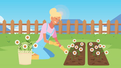 mujer jardinería en un hermoso patio trasero