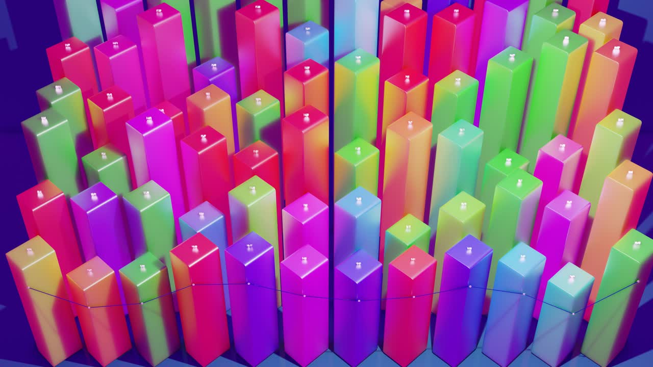barras multicolores, contadores y gráficos. hermoso fondo en bucle 3d para programas analíticos con infografías abstractas, datos estadísticos. columnas 3d se mueven suavemente arriba y abajo en bucle. bg financiero