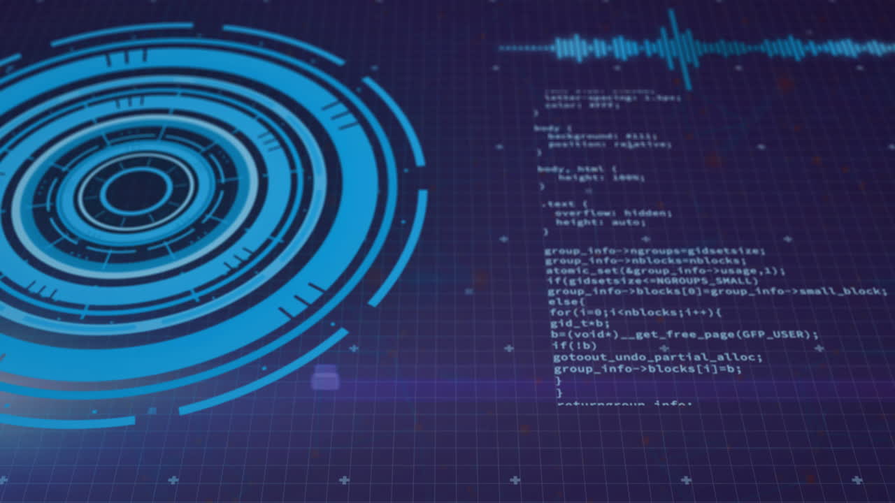 파란색 원형 스캐너의 애니메이션과 어두운 배경의 데이터 처리