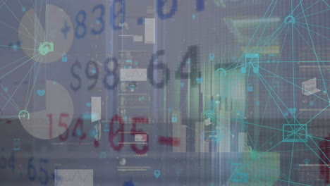 animación de iconos conectados con datos móviles del mercado de valores a través de la interfaz infográfica.