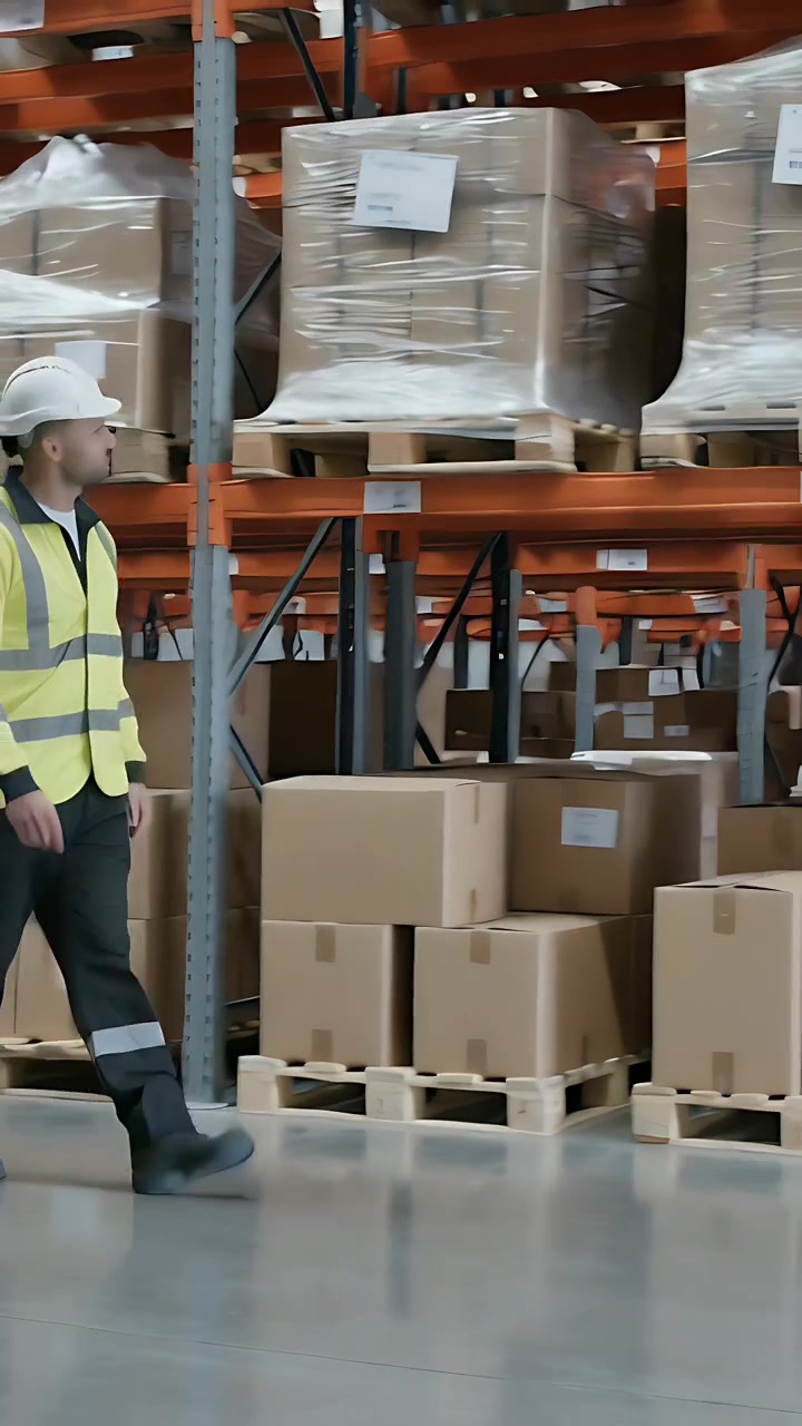 Video verticale: Uomo che cammina indossando DPI, entra da sinistra in un magazzino controllando le etichette dei pallet per l'inventario.
