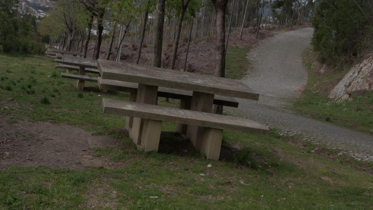 lugar oscuro con mesas de piedra para picnics