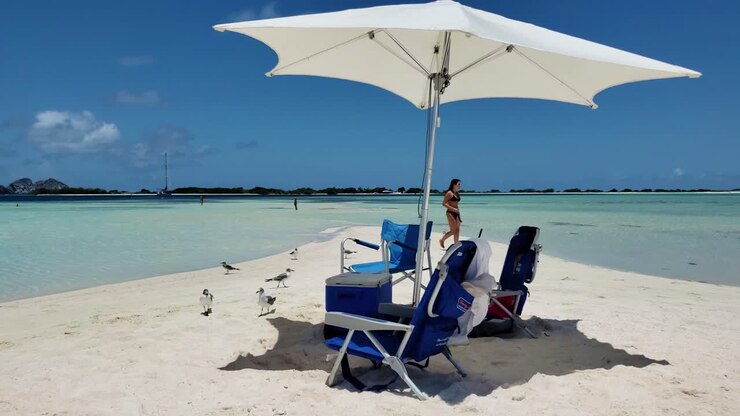 Giovane donna ispanica che esce dal mare con attrezzatura da snorkeling, cammina su una spiaggia di sabbia bianca, periodo estivo.