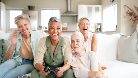 senior women, video game and friends playing