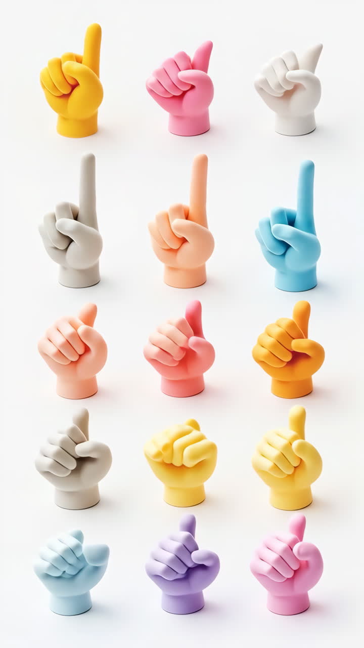 Grid of Colorful Thumbs Up and Pointing Finger Sculptures
