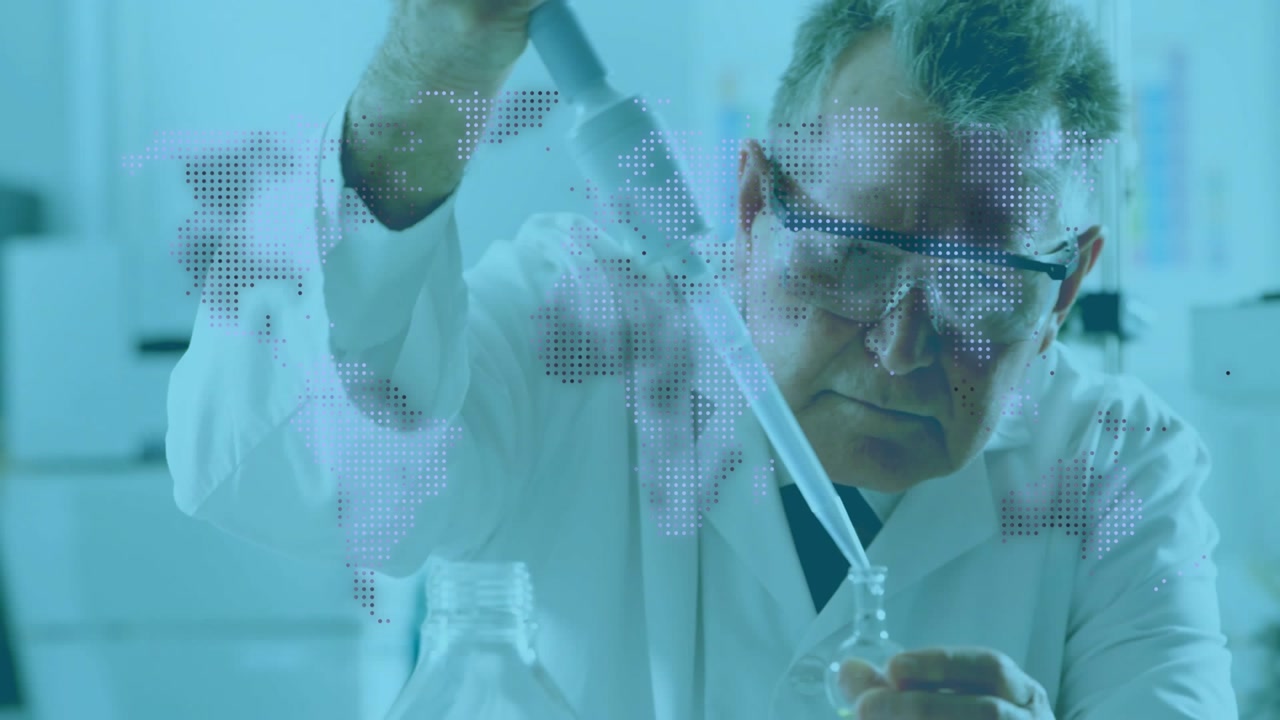 Sr scientist picking pipet, pipetting reagent into vial for test, world map overlay over researcher