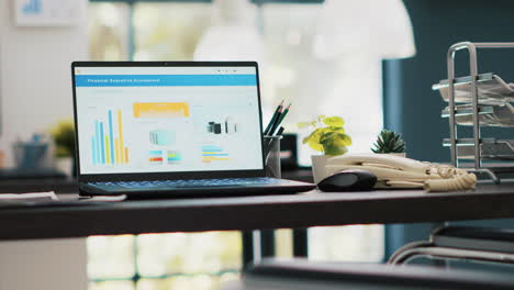 wheelchair in inclusive office and laptop showing marketing report data