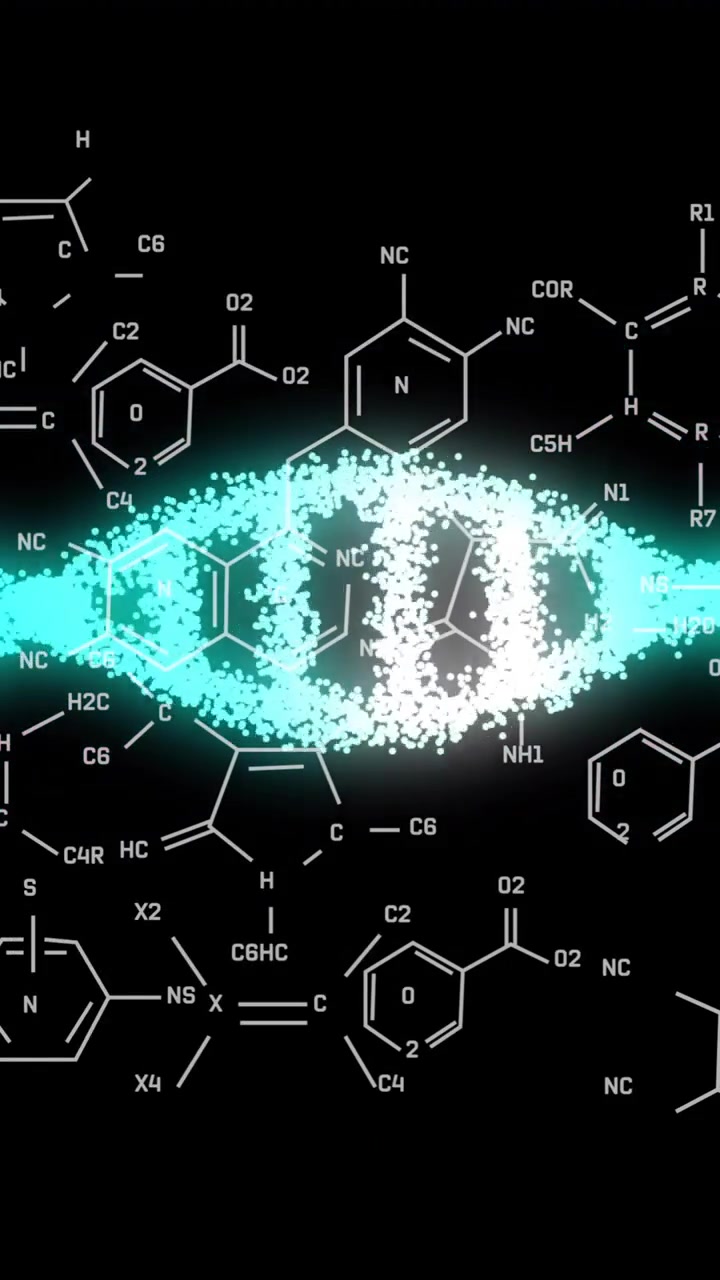 DNA strand animation over chemical structures and molecular formulas