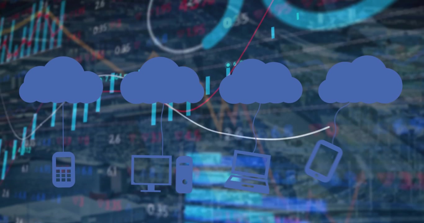 Animation of digital clouds over cityscape over rotating in background