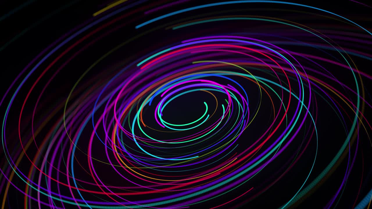 Colored lines or streaks swirling in spiral fly along swirling path. Motion design bg of particles shaping lines or trails, helix and abstract structures. 3d render