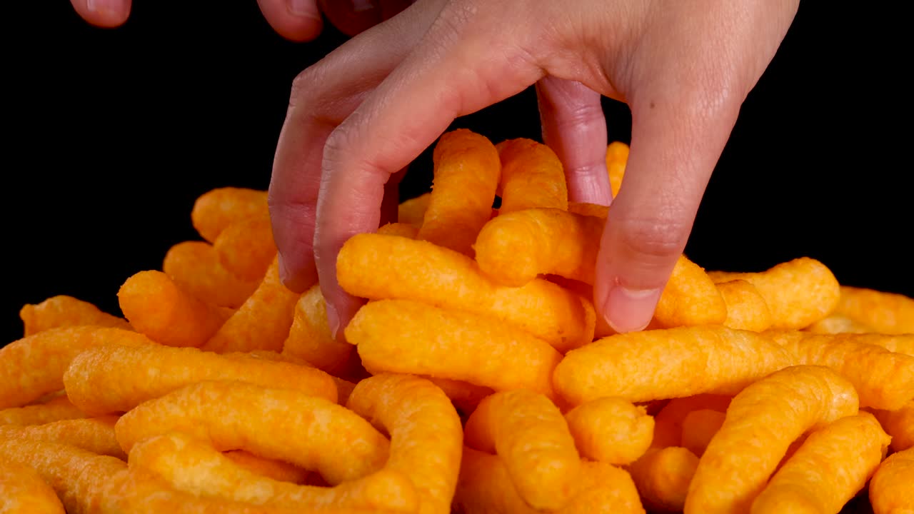 A human hand grabs cheese puffs from a pile, illuminated by bright studio lighting