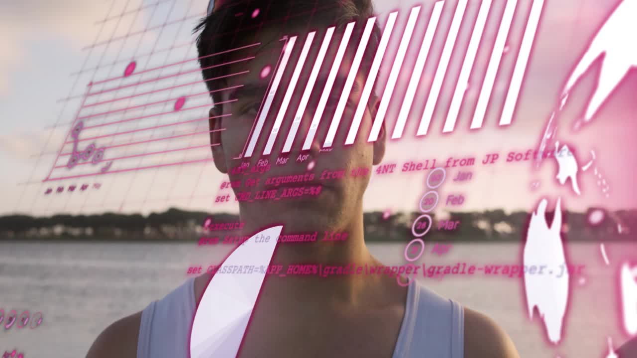 Two men standing pier, magenta overlays sweeping, revealing faces and tech charts for design