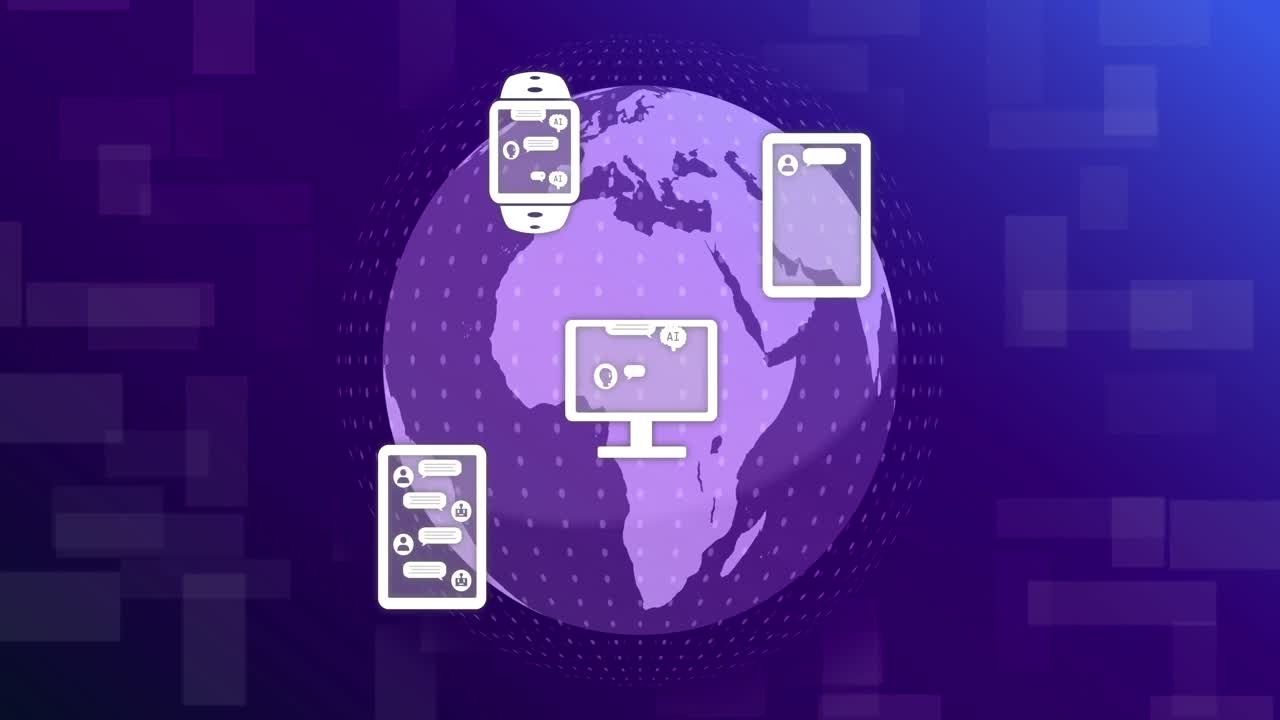 animación de dispositivos tecnológicos con chat en línea sobre el globo sobre fondo azul