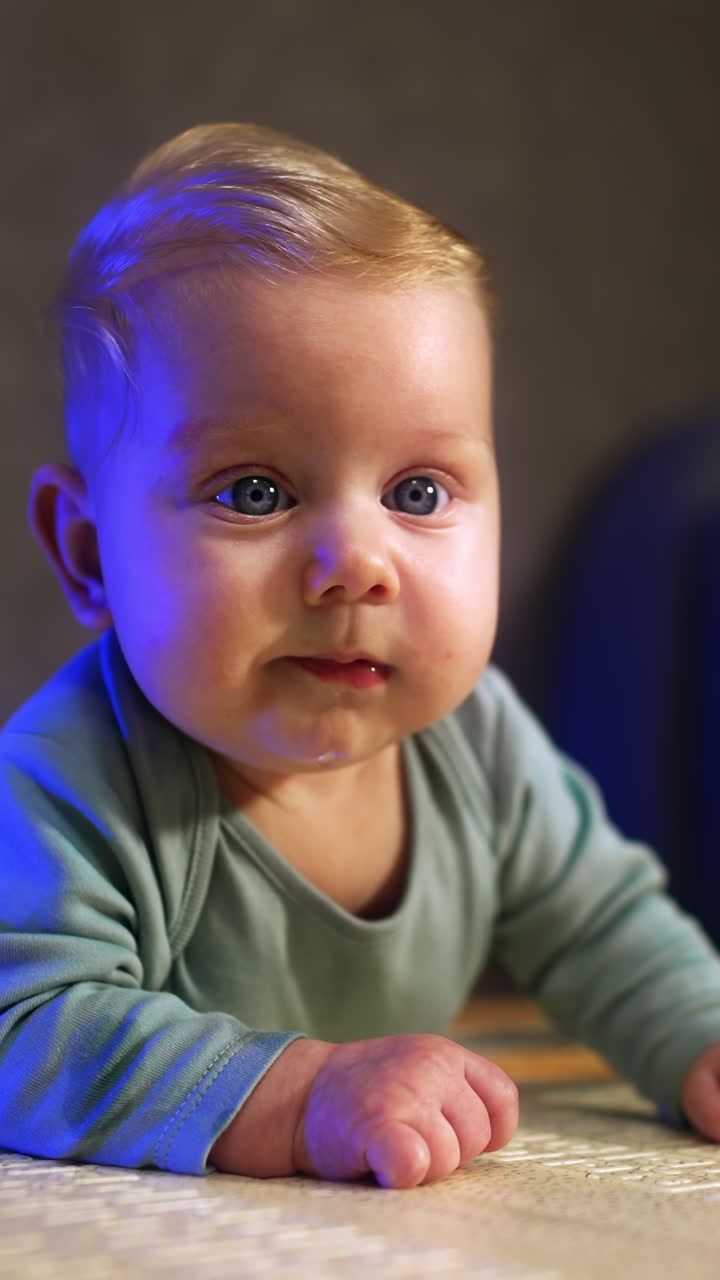 Cute tiny infant looking around with surprise. Adorable kid lies on his belly in front of camera. Close up. Vertical video
